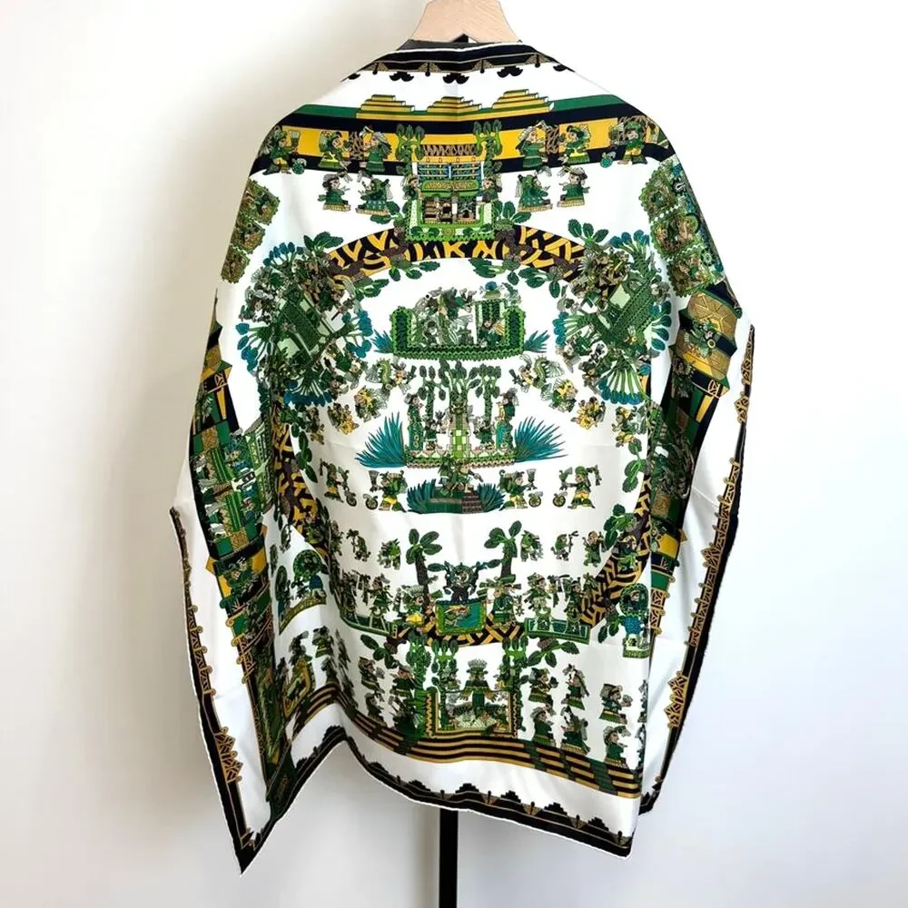 HERMES Carre 90 Green Silk Astres et Soleils Scarf NEW Gold Aztec Pattern w Box